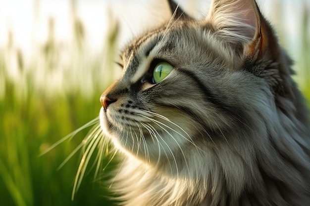 Portrait of a beautiful siberian cat on green grass