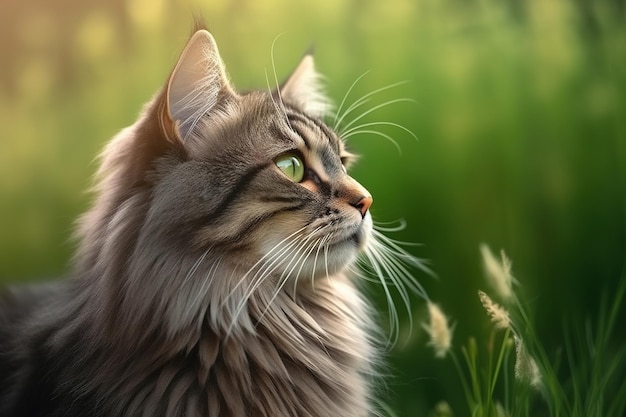 Portrait of a beautiful siberian cat on green grass