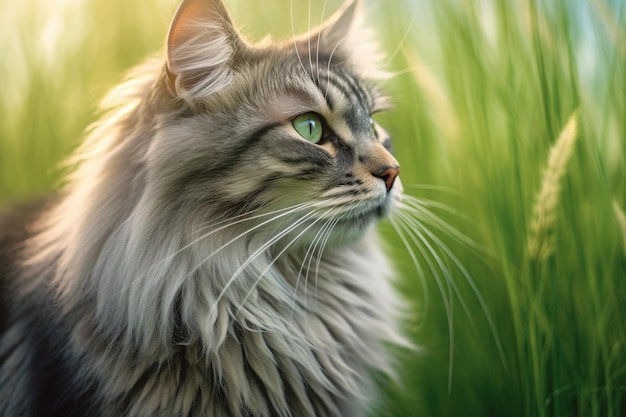 Portrait of a beautiful siberian cat on green grass