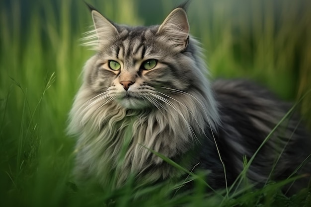 Portrait of a beautiful siberian cat on green grass