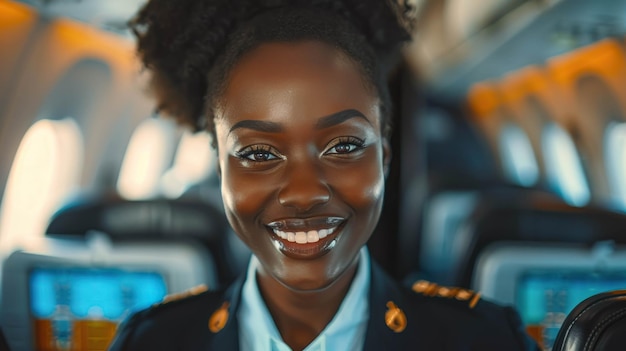 Photo portrait of a beautiful smiling black air hostess in an airliner