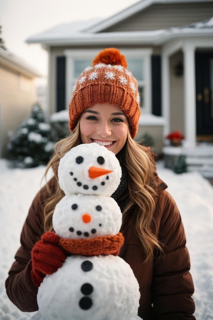 Portrait of a beautiful smiling blonde woman with a snowman outside in winter