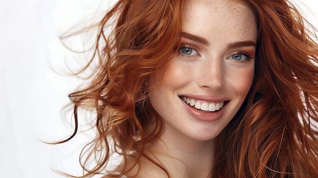 Portrait of beautiful smiling brunette woman in white studio setting