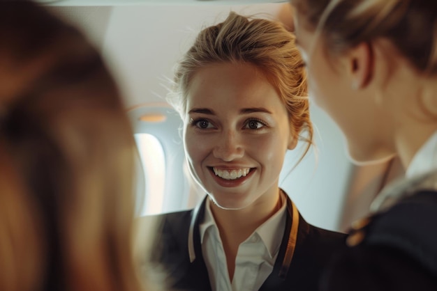 Portrait of a beautiful smiling female airplane pilot talking to her crew on the plane