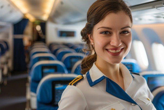 Portrait of a beautiful smiling stewardess on an airplane