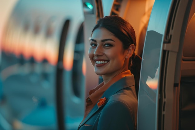 Portrait of a beautiful smiling stewardess on an airplane