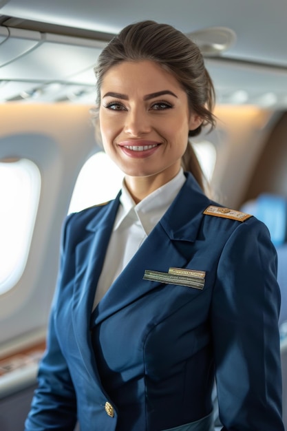 Portrait of a beautiful smiling stewardess on an airplane