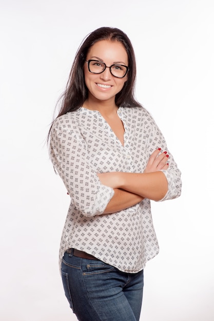 Portrait of beautiful smiling woman in modern hipster glasses.