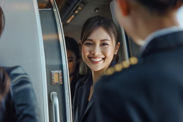 Portrait of a beautiful stewardess welcoming passengers to the plane