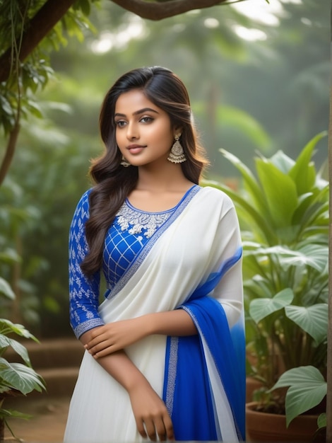 Portrait of a beautiful tall elegant and young Indian Asian woman smiling happily