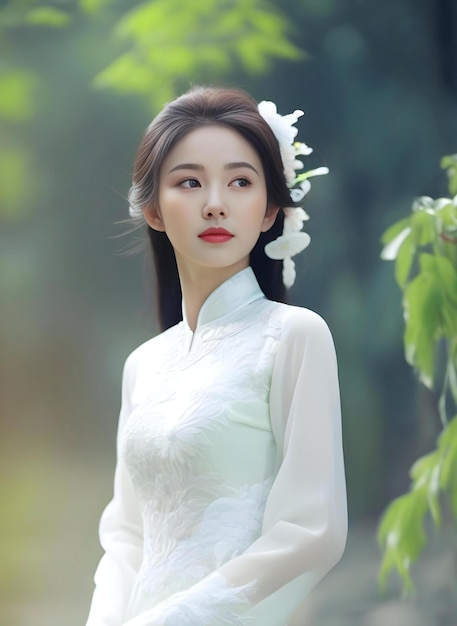 A portrait of a beautiful Vietnamese girl in a white dress