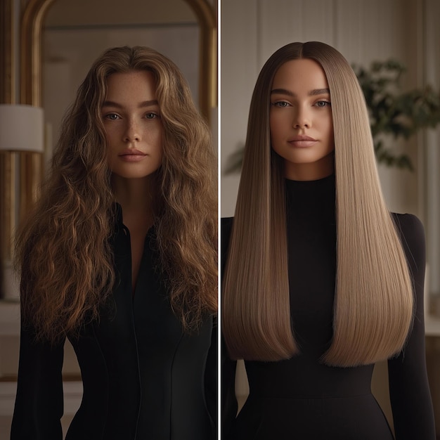 Photo portrait of a beautiful woman before and after hair straightening