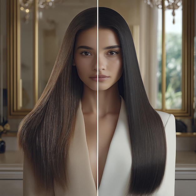 Photo portrait of a beautiful woman before and after hair straightening