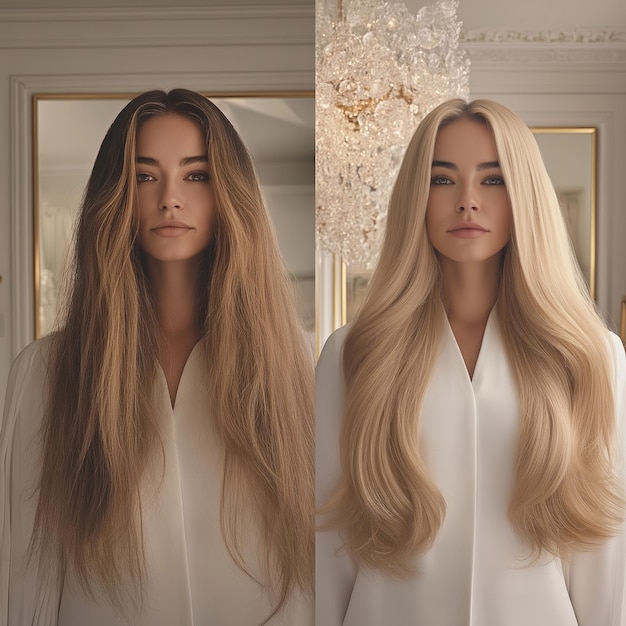 Photo portrait of a beautiful woman before and after hair straightening