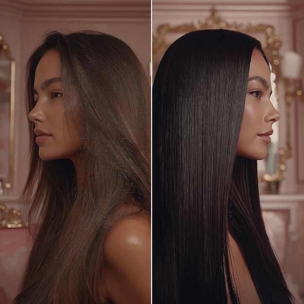 Photo portrait of a beautiful woman before and after hair straightening