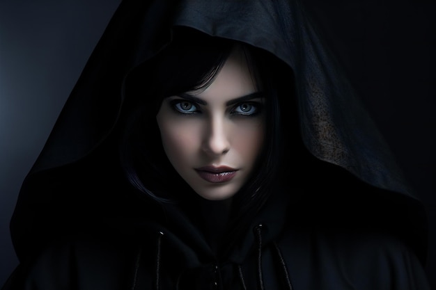 Portrait of a beautiful woman in a black cloak with a hood