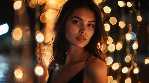 Portrait of beautiful woman in a black dress on a background with lights modern style