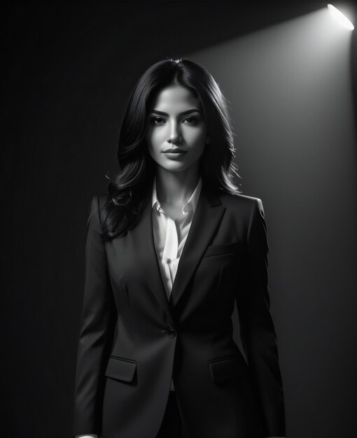 Portrait of a beautiful woman in a black suit on a dark background