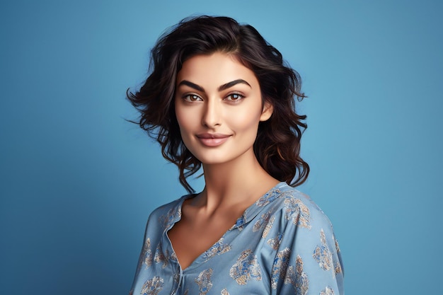 Portrait of a beautiful woman in blue dress on a blue background