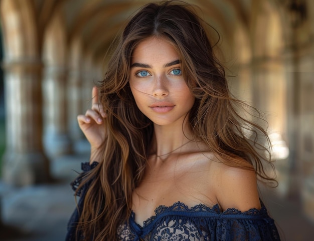 Photo portrait of beautiful woman in blue dress