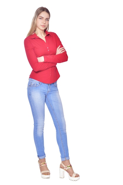 Portrait of beautiful woman in blue jeans