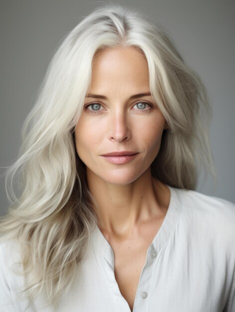 Photo portrait of a beautiful woman clean and natural skin face cosmetic grey white hairs