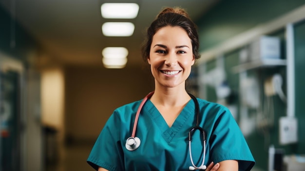 Portrait of beautiful woman doctor looking at camera at blurred hospital background