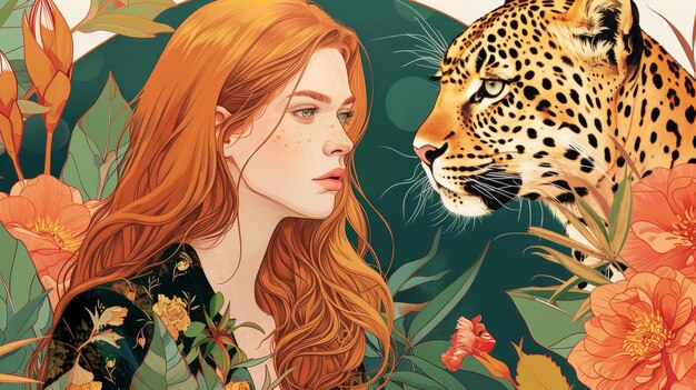 A portrait of a beautiful woman and exotic cat Illustration