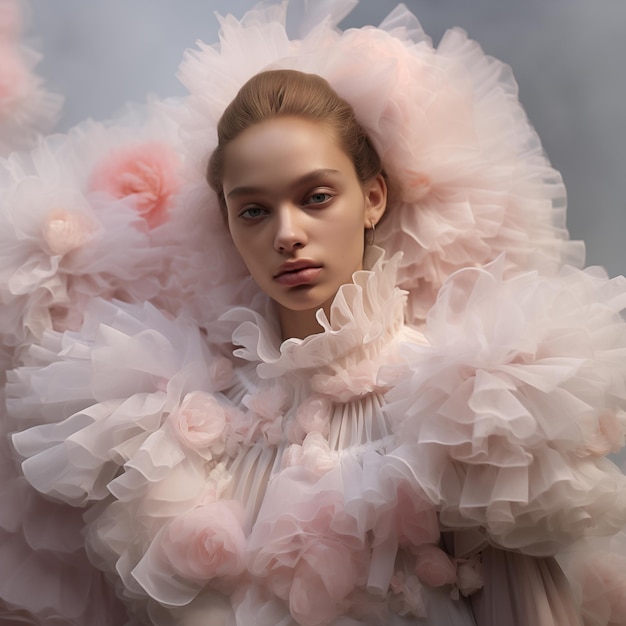 Portrait of a beautiful woman in a fancy dress inspired by fashion photography