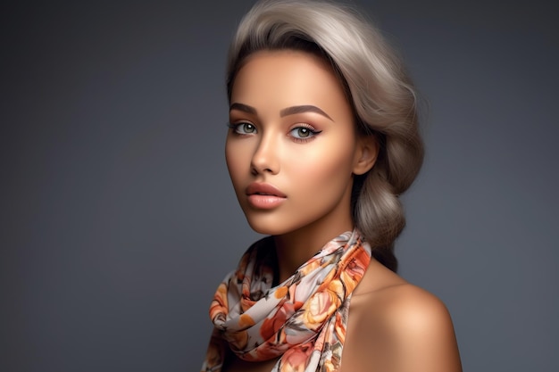 Portrait Beautiful Woman in Floral Print Scarf