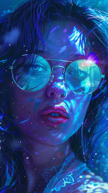 Portrait of beautiful woman in glasses in surreal abstract fantasy style blue color