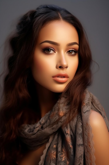 Portrait Beautiful Woman in Lace Scarf