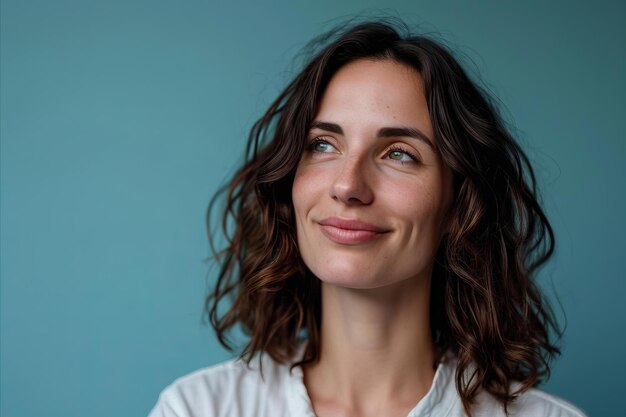 Portrait of a beautiful woman looking up and smiling on a blue background