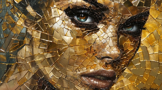 Portrait of a beautiful woman made from broken mirror pieces with a golden and black color palette