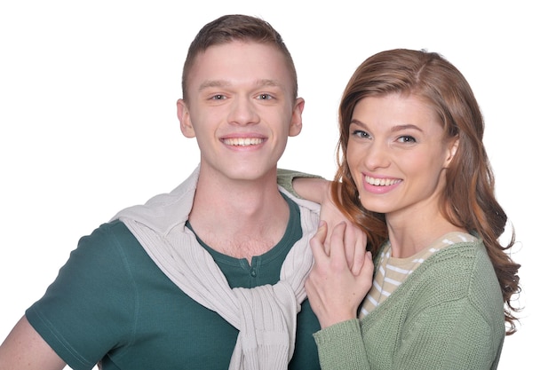 Portrait of beautiful woman and man posing isolated on white