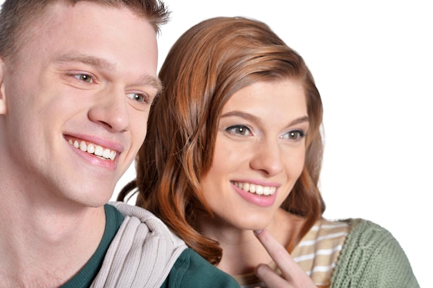 Portrait of beautiful woman and man on white background