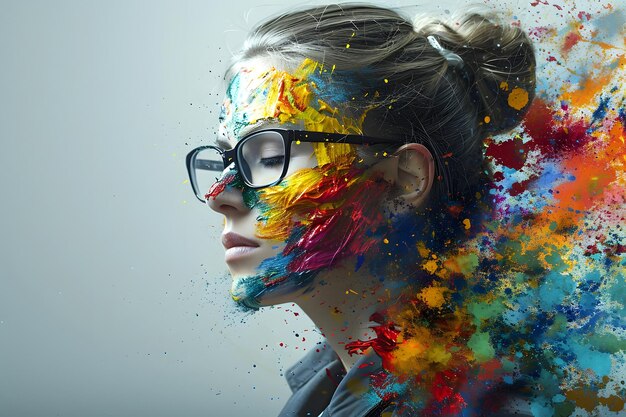 Photo portrait of a beautiful woman model with colored bodypainting on her face fashionable beauty