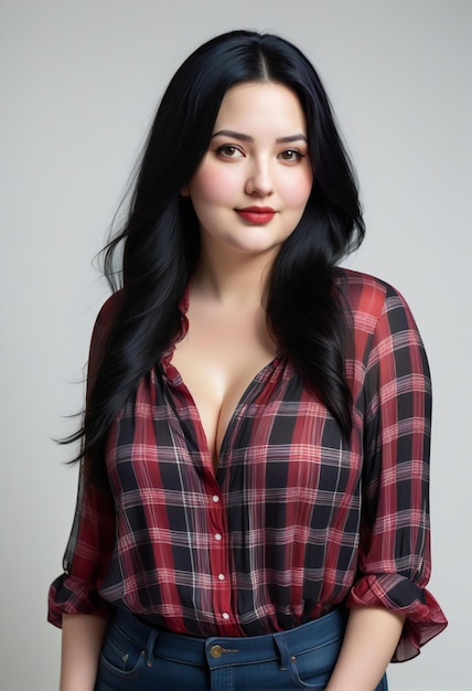 Portrait of a beautiful woman in a plaid shirt on a gray background