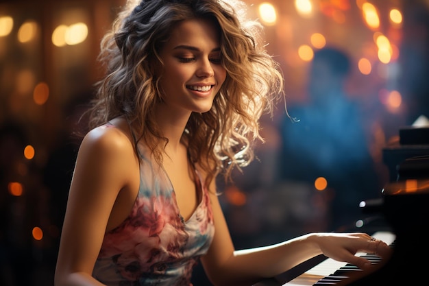 portrait of beautiful woman playing piano