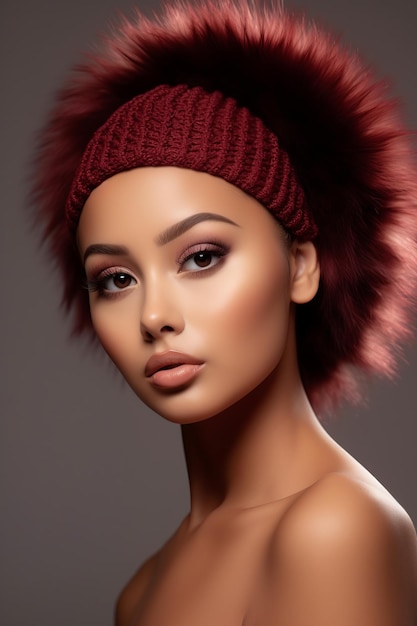 Portrait Beautiful Woman in PomPom Beret