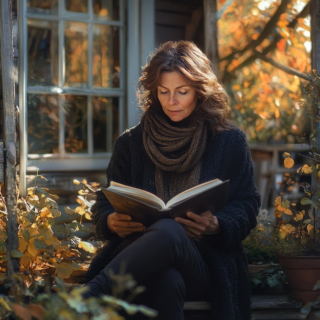 Photo portrait of a beautiful woman reading a book in the autumn park