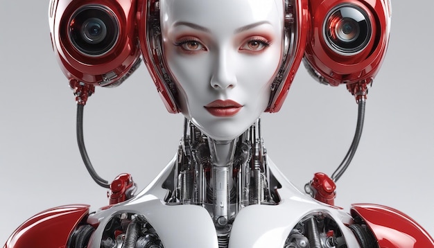 Portrait Beautiful woman Robot in white and red colors with glass eyes