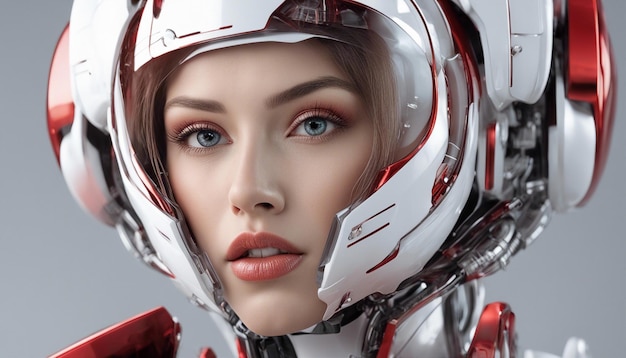 Portrait Beautiful woman Robot in white and red colors with glass eyes