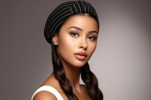 Portrait Beautiful Woman in Side Stripe Beret