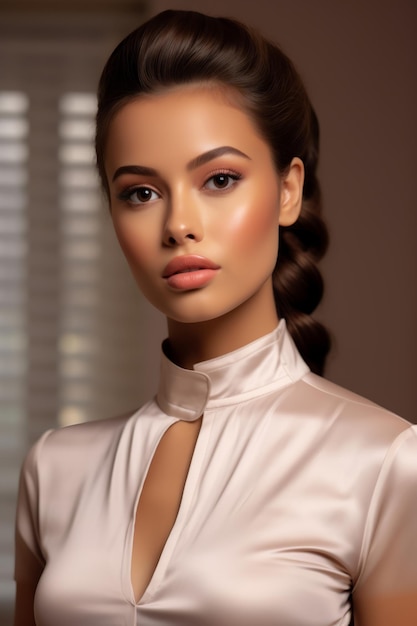 Portrait Beautiful Woman in StandUp Collar Tunic