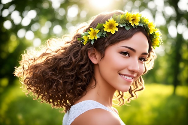 Portrait of a beautiful woman in summer clothes with a flower wreath on her head against the backdrop of nature Generative AI