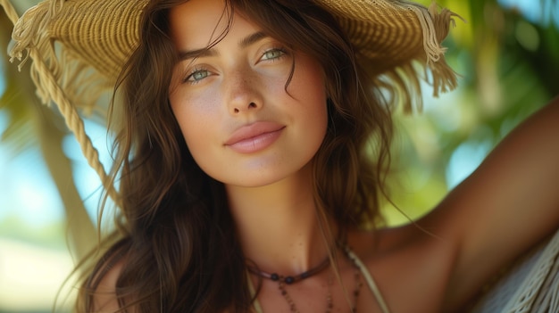 Portrait of beautiful woman in sun hat on tropical beach vacation Travel concept