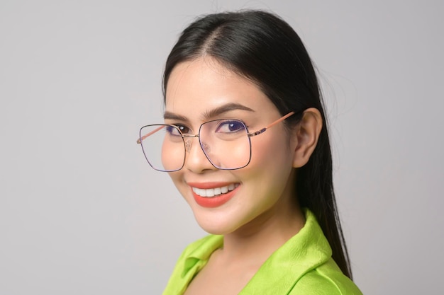 Portrait of Beautiful woman wearing glasses over white background studio eyecare conceptx9