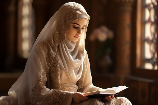 Portrait of Beautiful Woman Wearing Headscarf with Muslim Fashion Reading Quran AI Generative