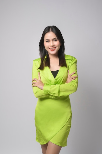 Portrait of beautiful woman over white background studio